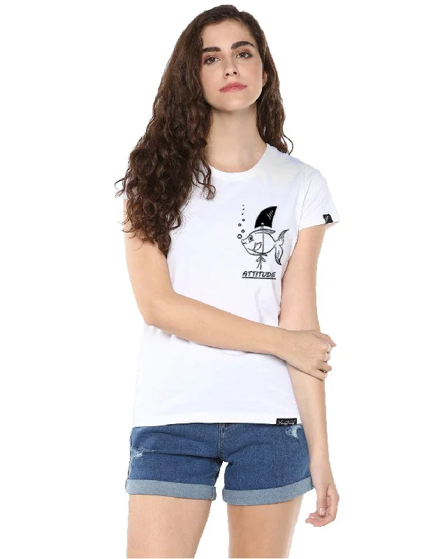 Womens Half Sleeve Fish Printed White Color Tshirts