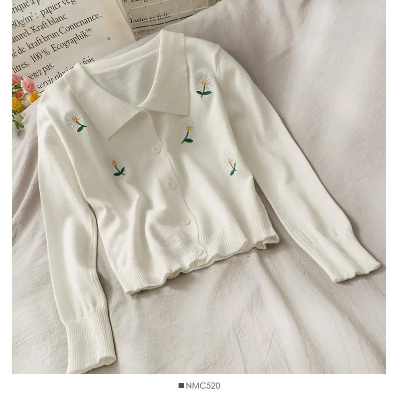 Little fresh Daisy embroidery single breasted cardigan women's sweater  1934