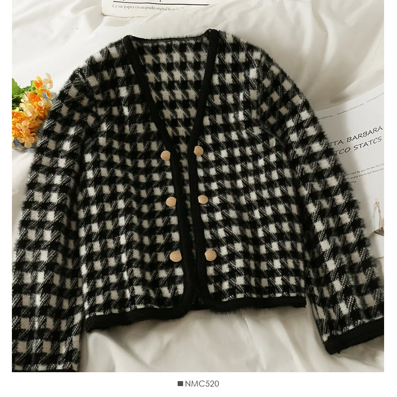 Hong Kong Vintage Plaid double breasted cardigan thickened sweater female  1943