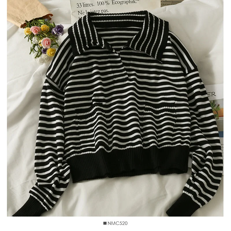 Striped loose thin Lapel long sleeve bottomed Shirt Top  1960