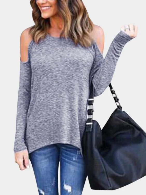 Custom Cold Shoulder Zip Back Long Sleeve Stitching Hem Grey T-Shirts