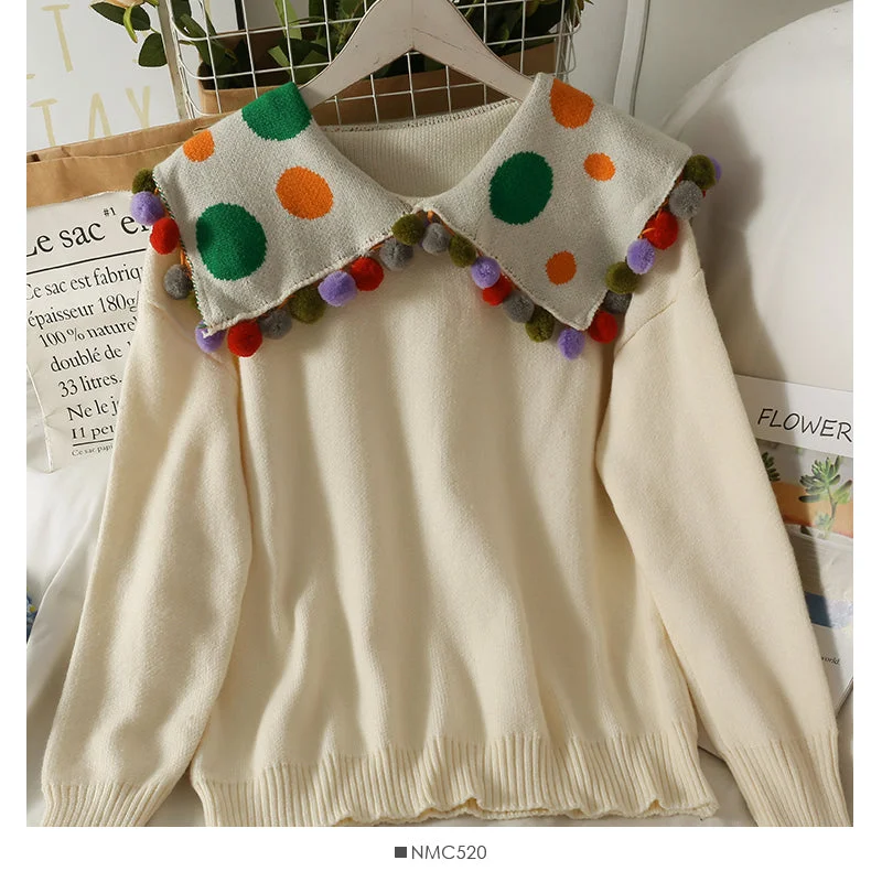 Versatile wool ball decorative doll neck long sleeve women's sweater  1930