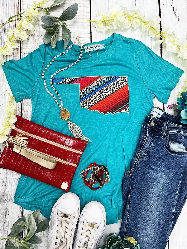 Serape & Leopard Oklahoma Patch on Turquoise Crewneck Tee