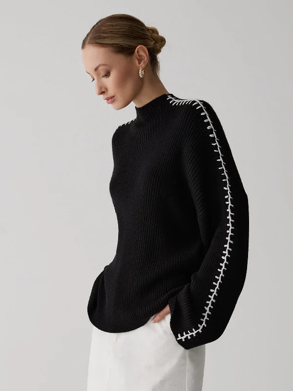 Mock Neck Graceful Contrast Knit Sweater