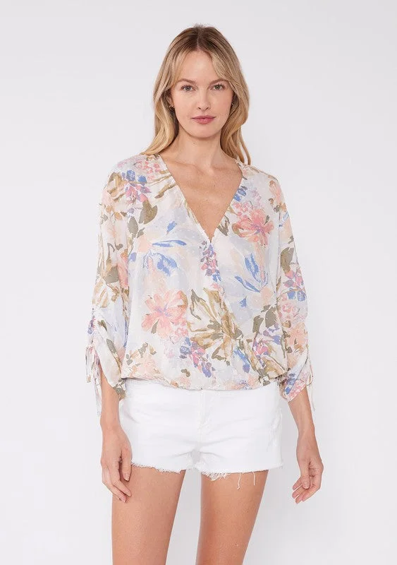 Julie Floral Ruched Sleeve Surplice Blouse Top