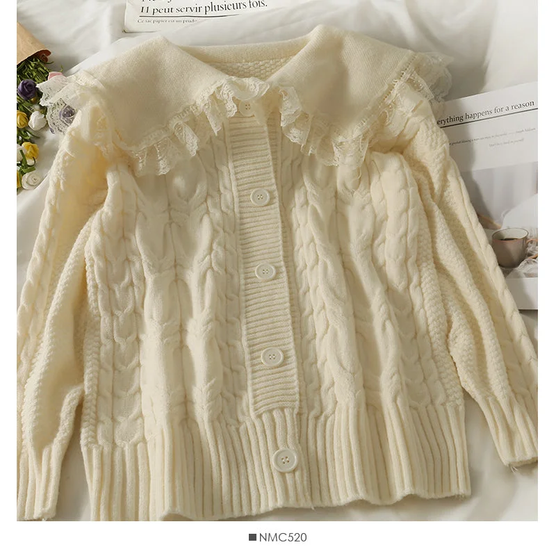 Sweet wind lace stitched wooden ear edge baby collar sweater  1900