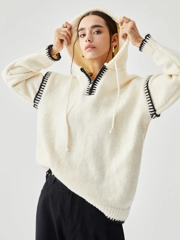 Zippered Hooded Graceful Contrast Trim Sweater