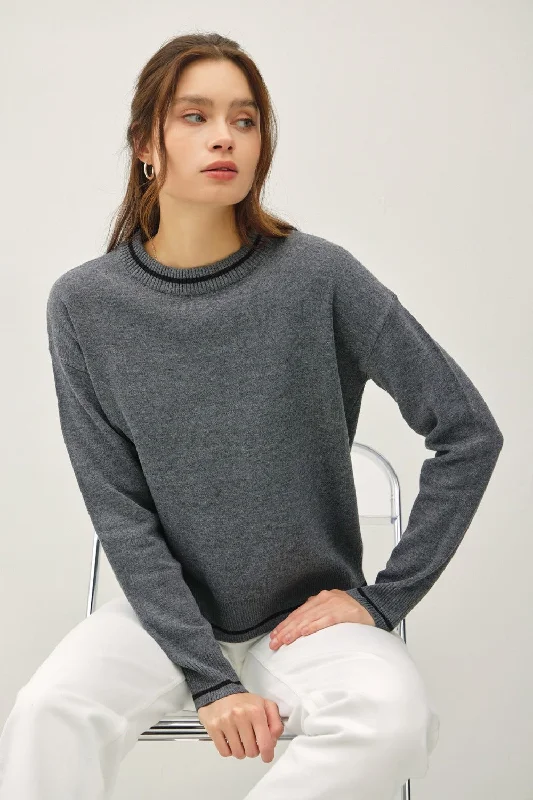 Striped Trim Round Neck Long Sleeve Sweater