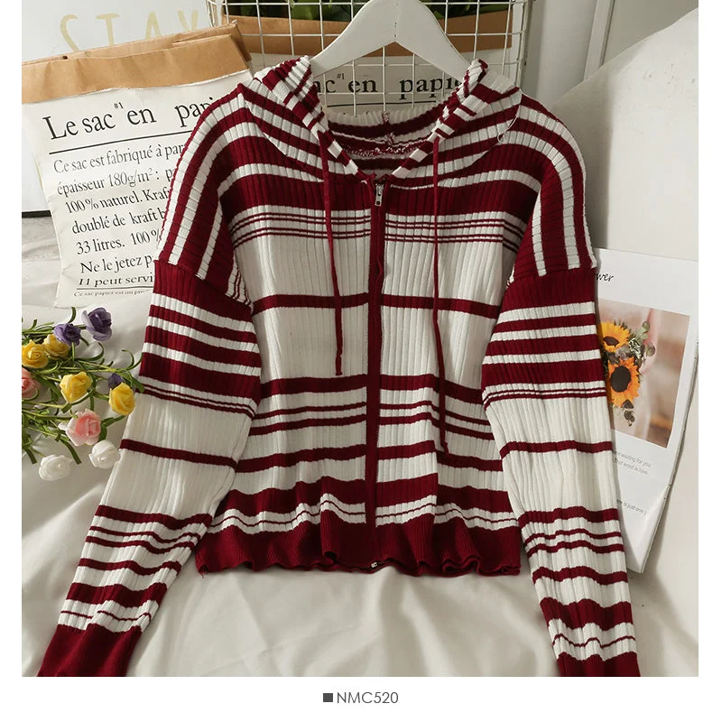 Korean drawstring hooded striped zipper cardigan thin sweater women 2015