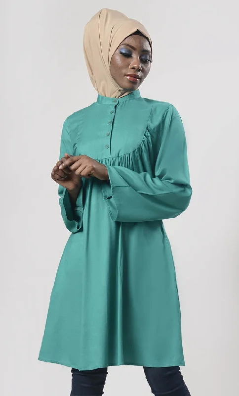 Comfy Everyday wear Pine Green Front Open Button Long Tunic