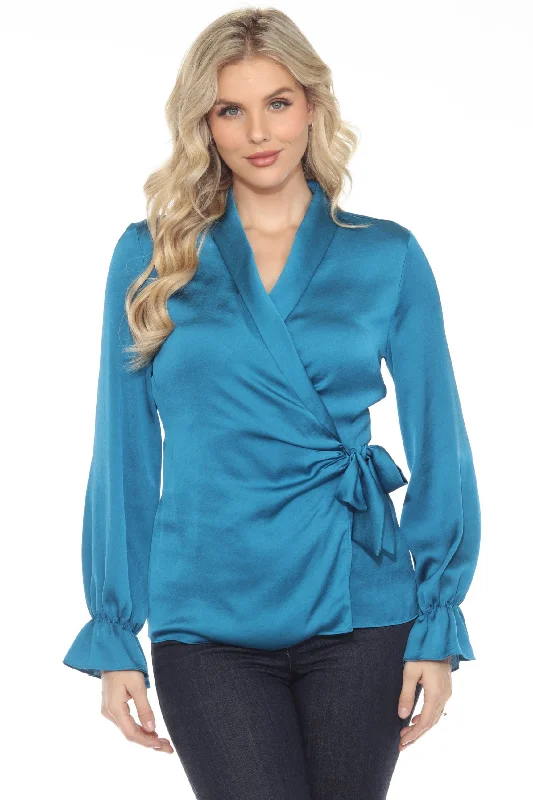 Joseph Ribkoff Pacific Blue Ruffled Satin Wrap Blouse 243086