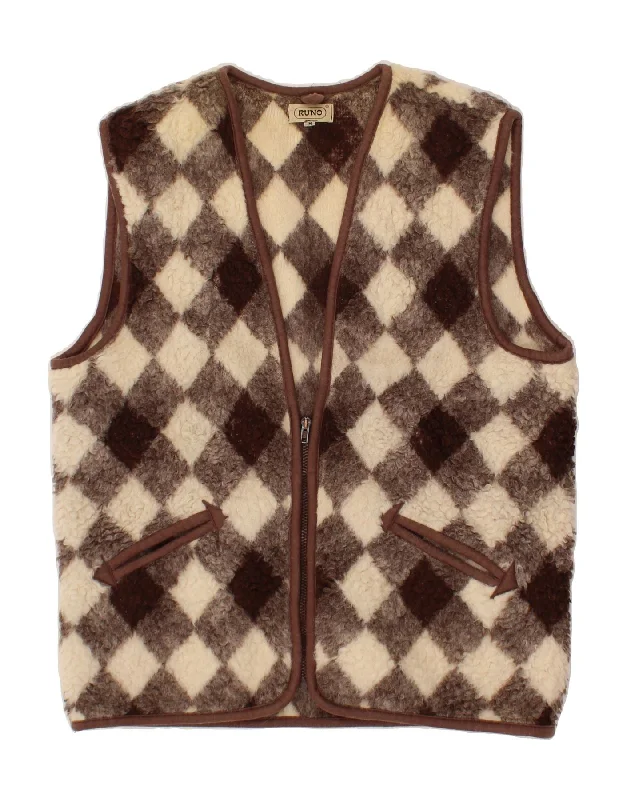 VINTAGE Womens Gilet UK 14 Medium Brown Argyle/Diamond Wool