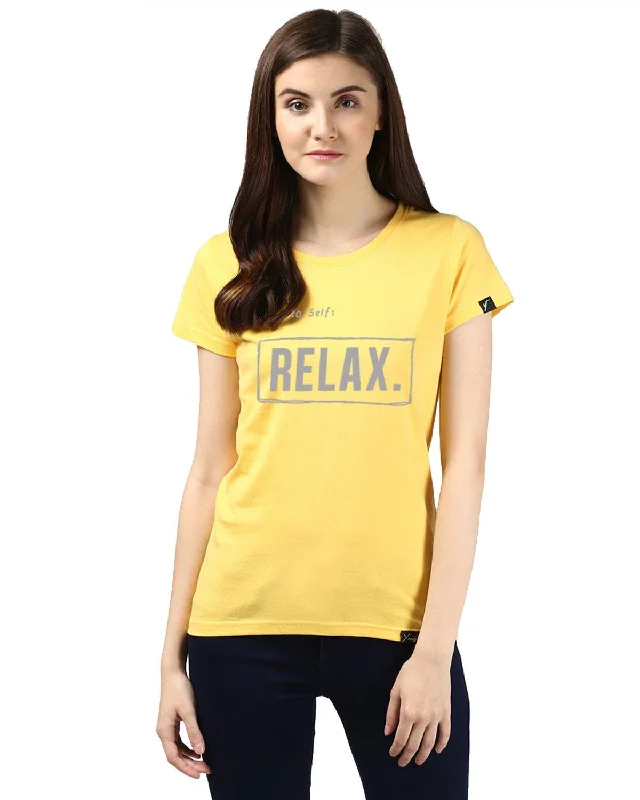 Womens Half Sleeve Noterelax Printed Yellow Color Tshirts