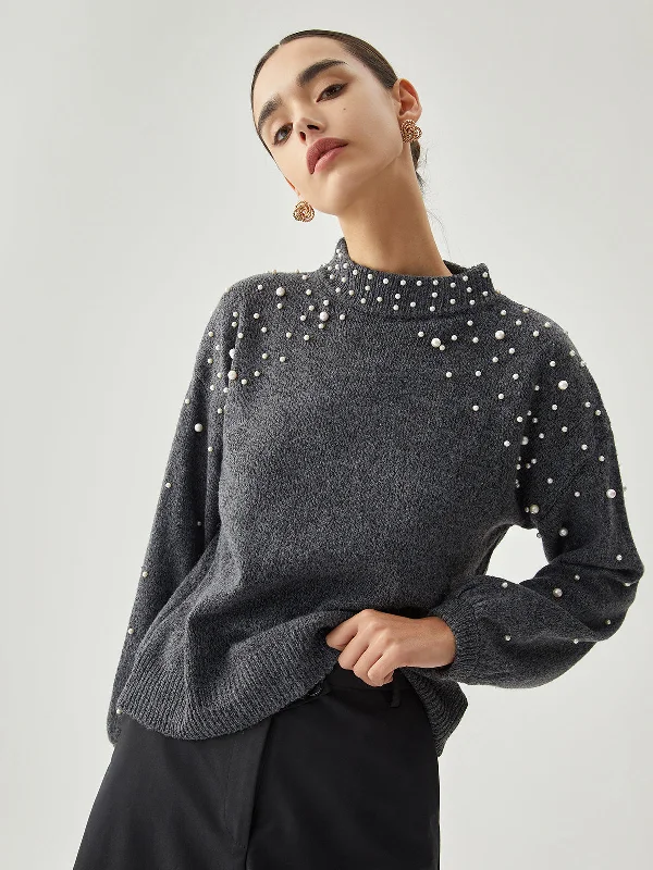 Pearl Embellished Graceful Mock Neck Sweater