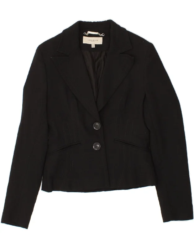 KAREN MILLEN Womens 2 Button Crop Blazer Jacket UK 12 Medium Black Wool