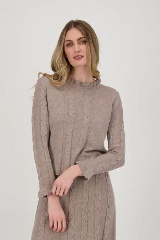 Ruffle Neck Cable Knit Sweater