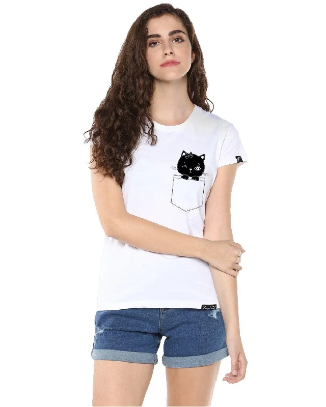 Womens Half Sleeve Cat Printed White Color Tshirts