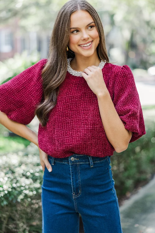 Calling On You Burgundy Red Tweed Blouse