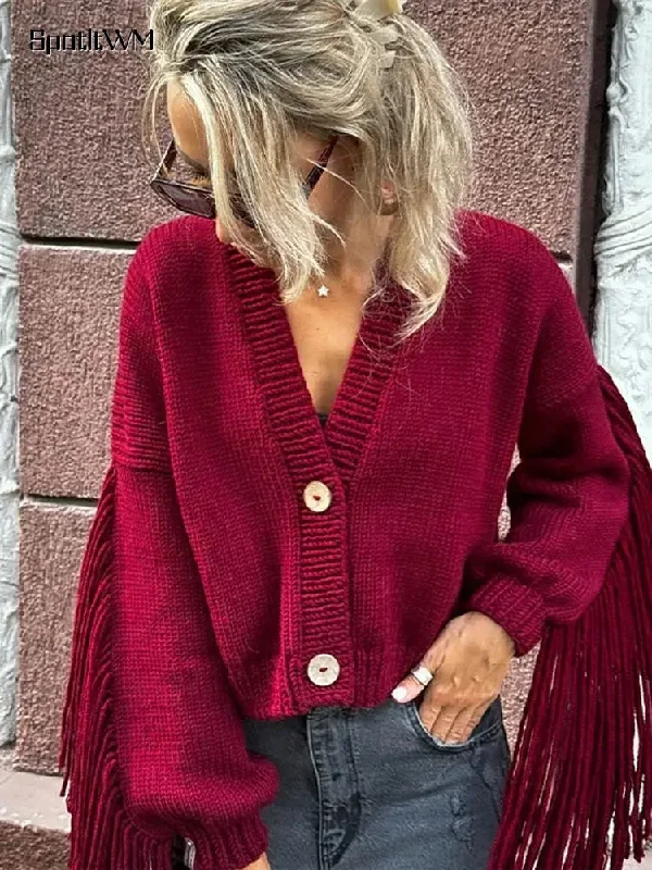 Red Tassels Patchwork V Neck Christmas Sweater