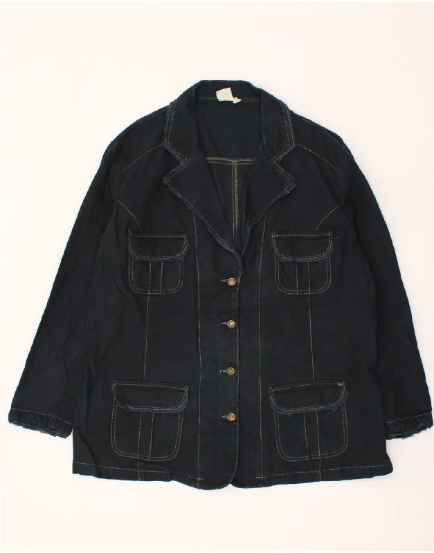 VINTAGE Womens Denim 4 Button Blazer Jacket EU 50 3XL Navy Blue Cotton