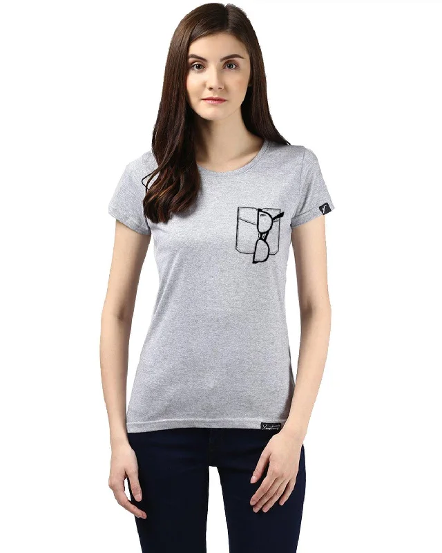 Womens Half Sleeve Glass Printed Grey Color Tshirts