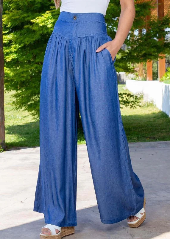 Plus Size Blue High Waist Patchwork Wrinkled Denim Wide Leg Pants Summer