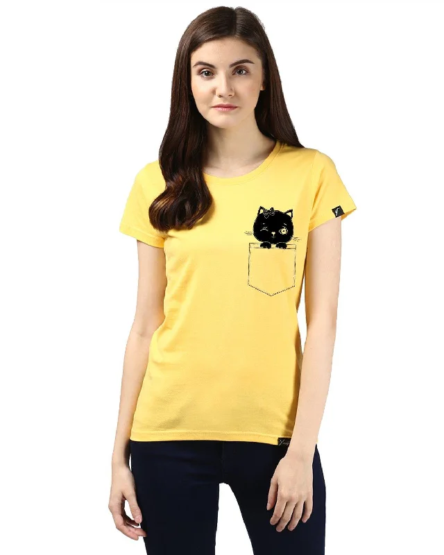 Womens Half Sleeve Cat Printed Yellow Color Tshirts