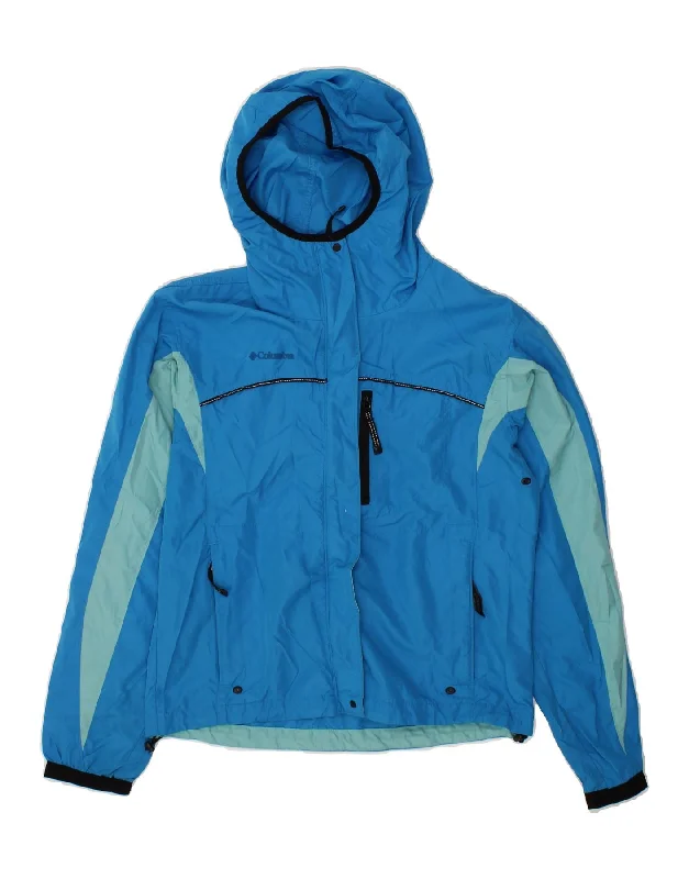 COLUMBIA Womens Hooded Rain Jacket UK 14 Medium Blue Colourblock Polyester