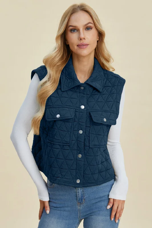 Pocketed Texture Snap Down Vest Coat