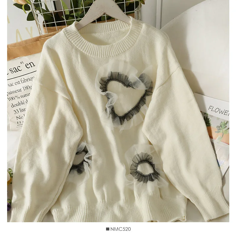 Mesh stitched heart-shaped loose thin medium length sweater for women  1959