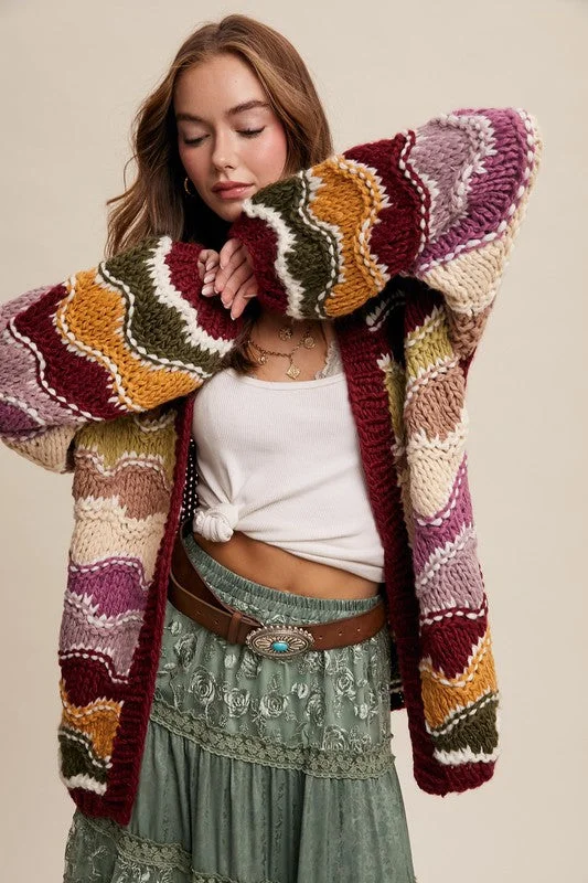 Whitney Wavy Color Block Hand Crochet Knit Cardigan