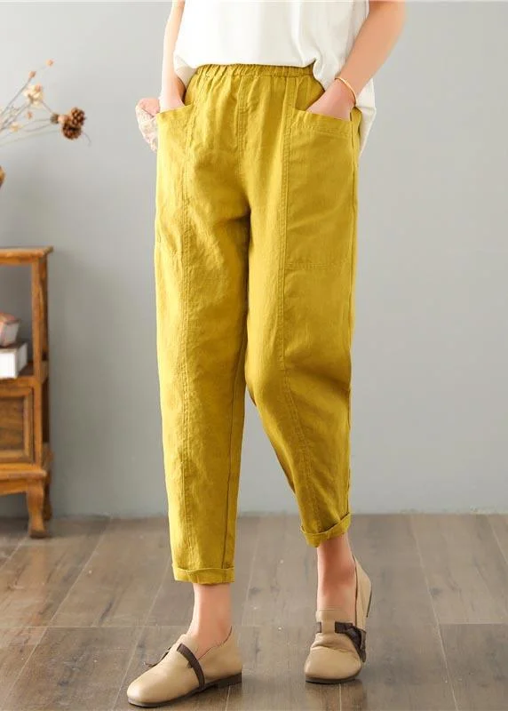 Natural Yellow Pockets Cotton Linen  Pants Summer