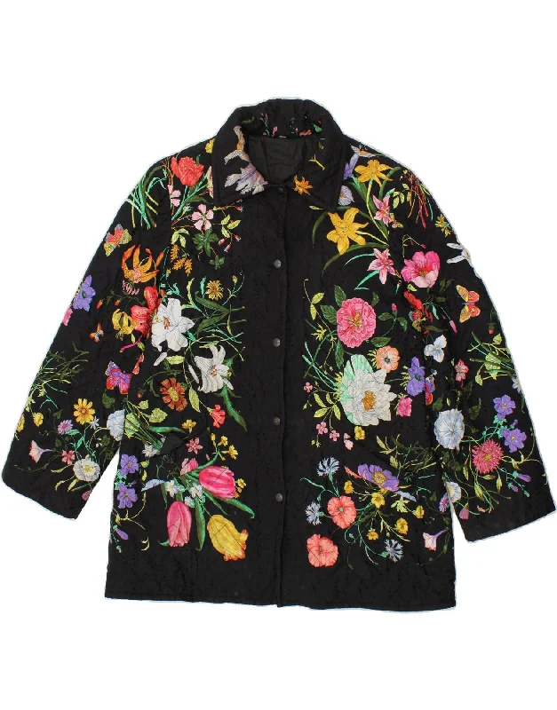 VINTAGE Womens Graphic Quilted Jacket UK 18 XL Black Floral Polyester