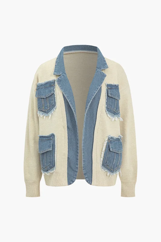 Color Block Patchwork Denim Sweater Cardigan