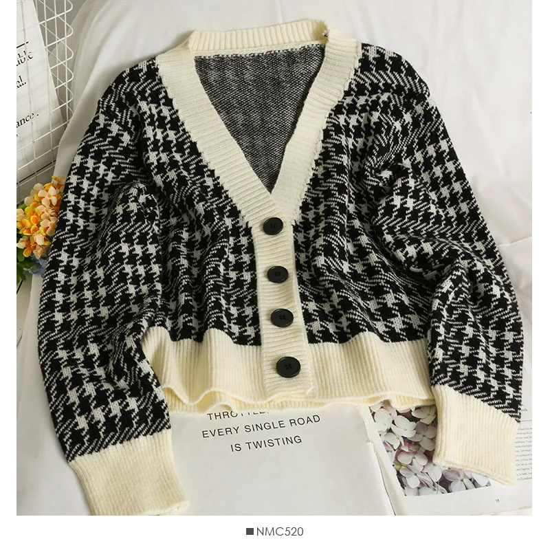 Patchwork bird check long sleeve single breasted cardigan sweater  1911