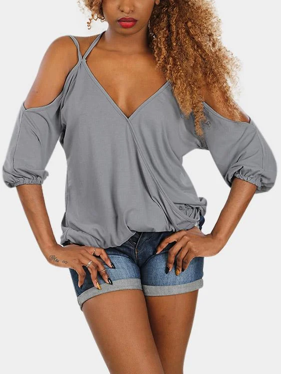 Custom V-Neck Cold Shoulder Plain Crossed Front Cut Out Half Sleeve Grey T-Shirts