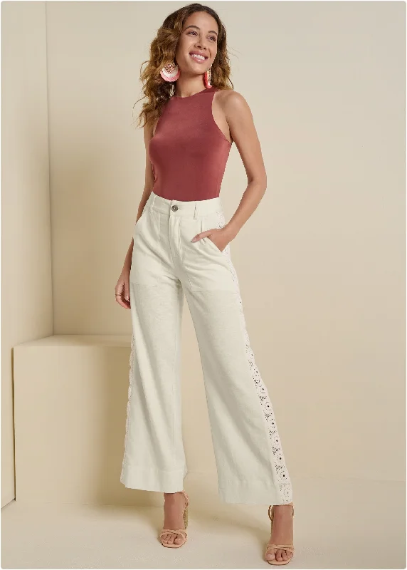 Linen Crochet Side Pants - Bone