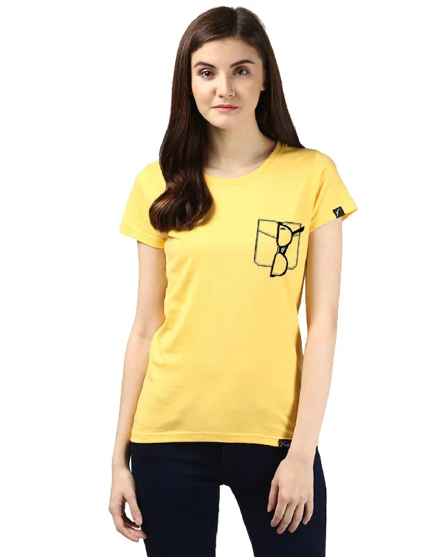 Womens Half Sleeve Glass Printed Yellow Color Tshirts