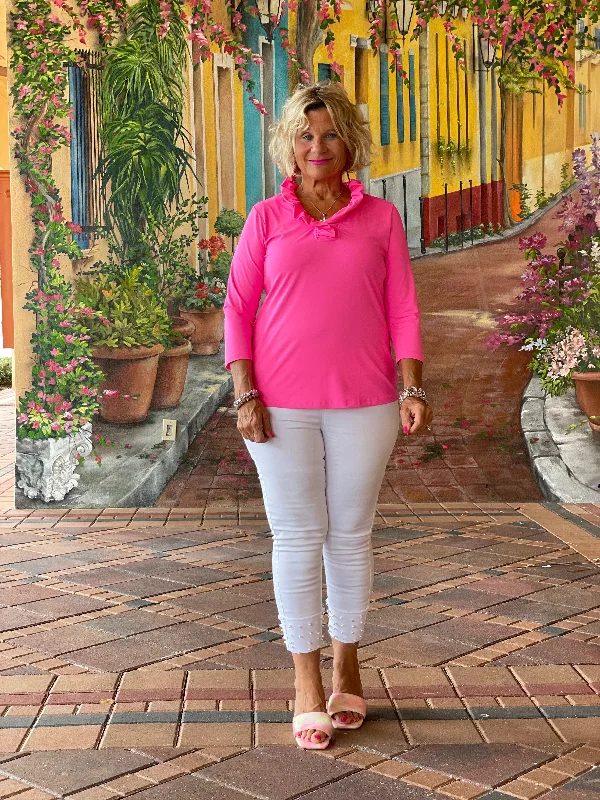 HOT PINK 3/25 SLEEVE RUFFLE TOP