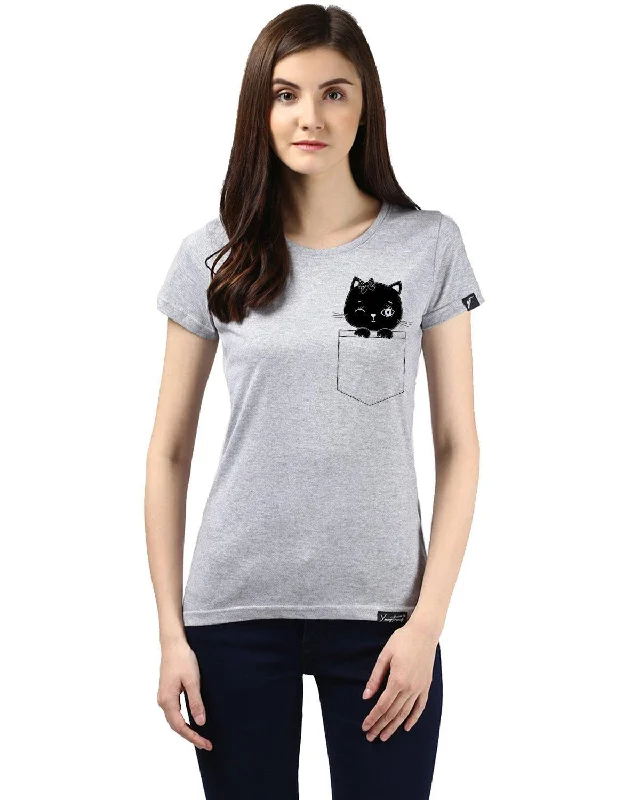 Womens Half Sleeve Cat Printed Grey Color Tshirts