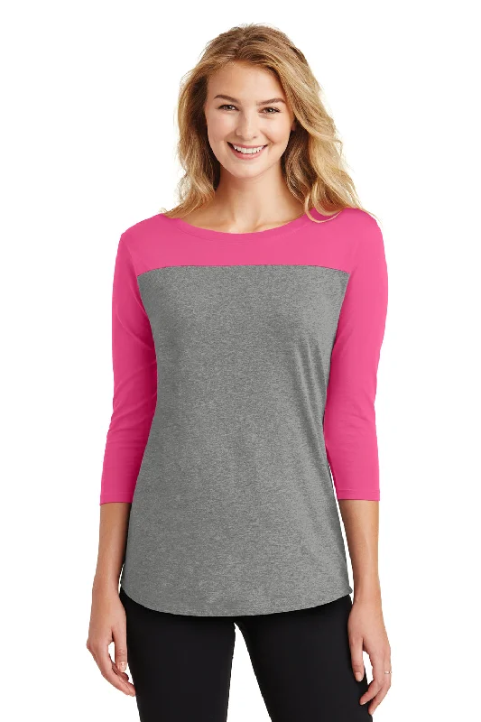 District Womens Rally 3/4 Sleeve Wide Neck T-Shirt - Grey Frost/Dark Fuchsia Pink - Closeout