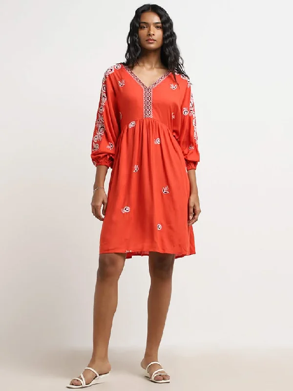 LOV Dark Orange Floral Embroidered A-Line Dress