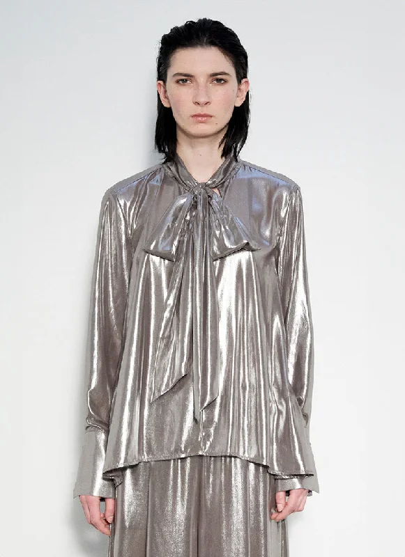 Fluid Metallic Tie Neck Blouse