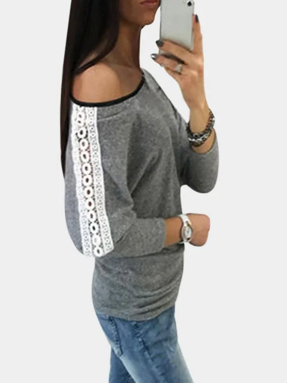 Custom One Shoulder Plain Lace Long Sleeve Grey T-Shirts