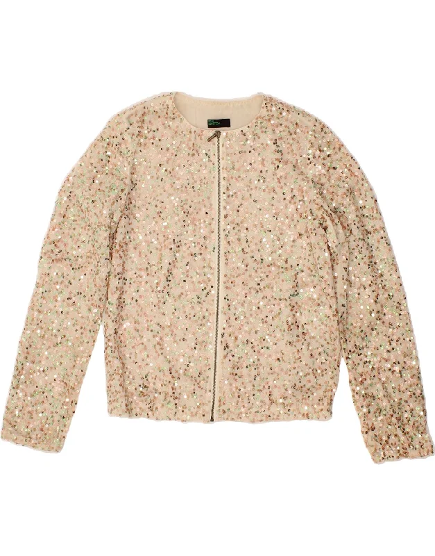 BENETTON Womens Sequin Bomber Jacket UK 6 XS Beige Polyester