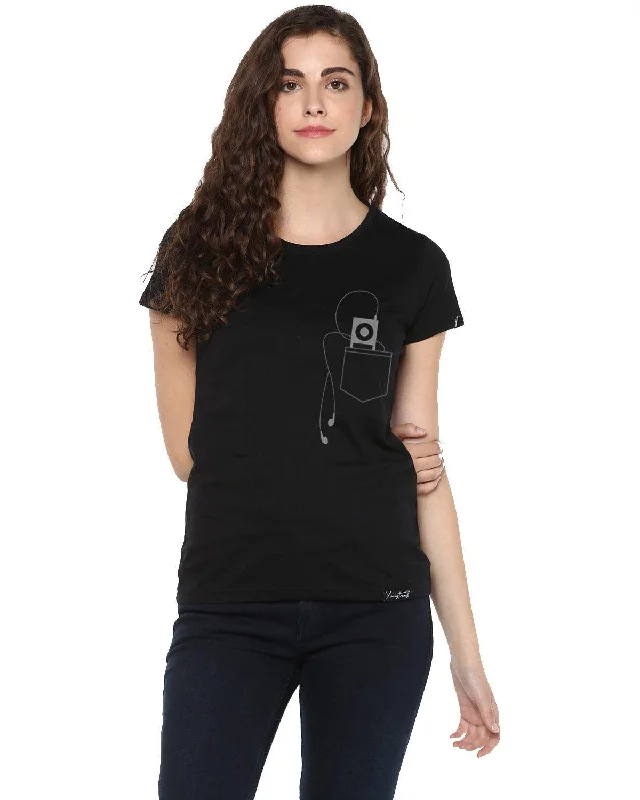 Womens Half Sleeve Headphone Printed Black Color Tshirts