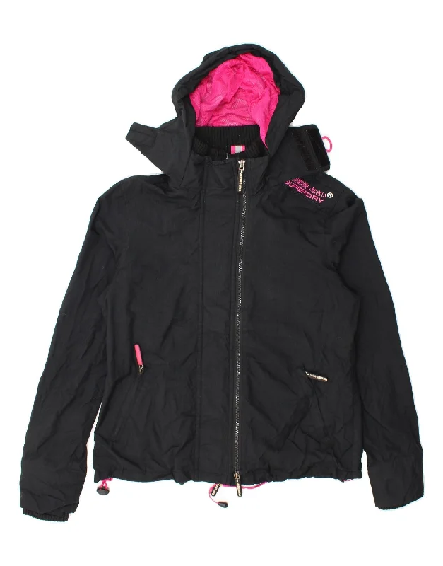 SUPERDRY Womens Windcheater Hooded Windbreaker Jacket UK 16 Large Black