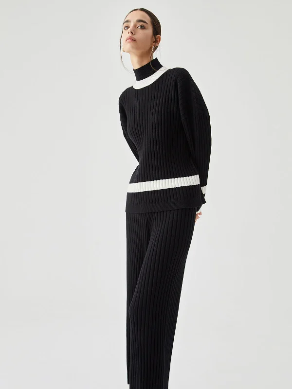 Ribbed Knit Contrast Trendy Trim Mock Neck Sweater