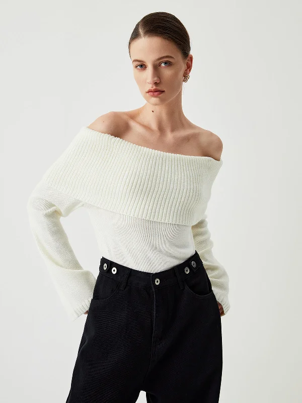 Knit Ribbed Graceful Overfold Off-Shoulder Sweater