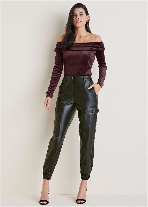 Faux Leather Cargo Pants  - Black